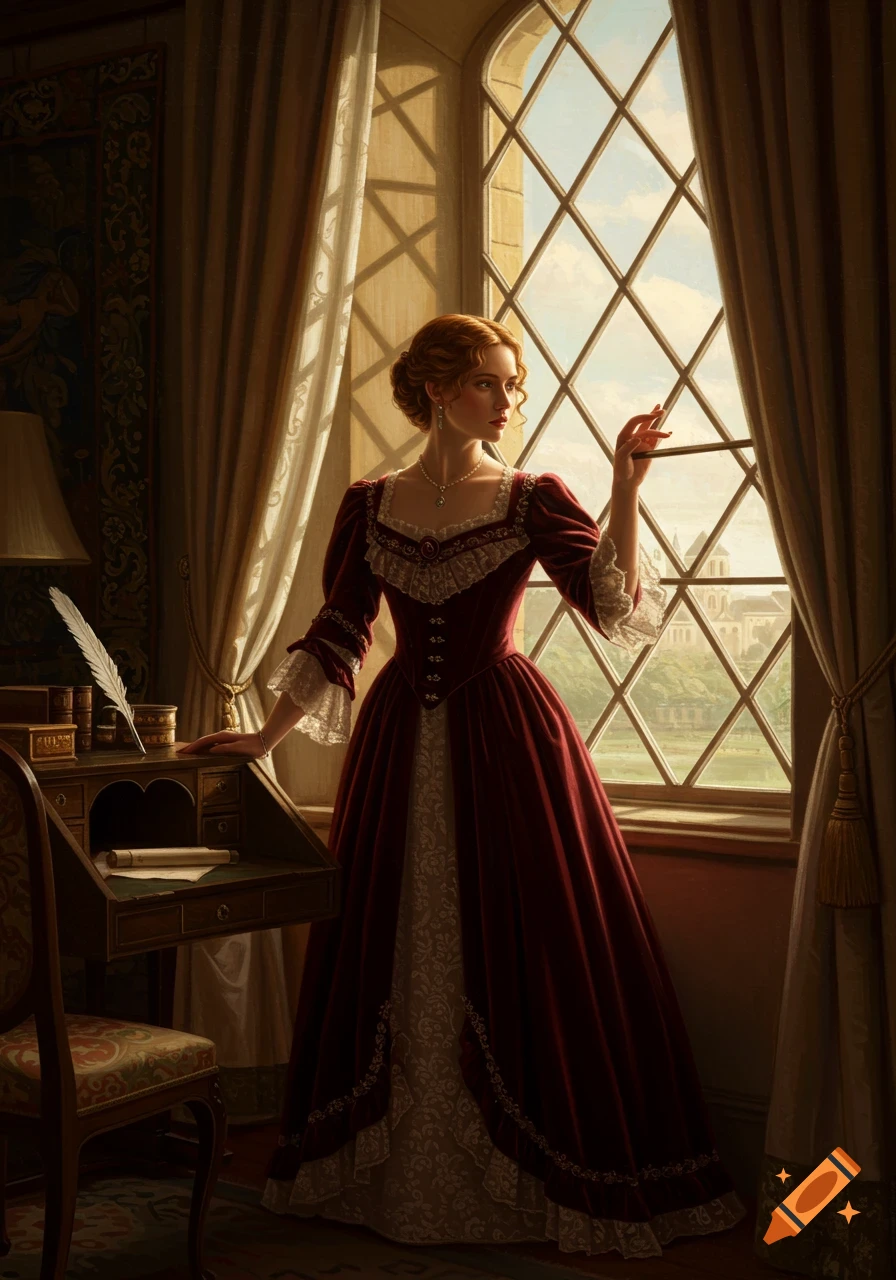 A young woman in a red historical gown stands by a large window in a richly decorated room, looking outside. Painting style.