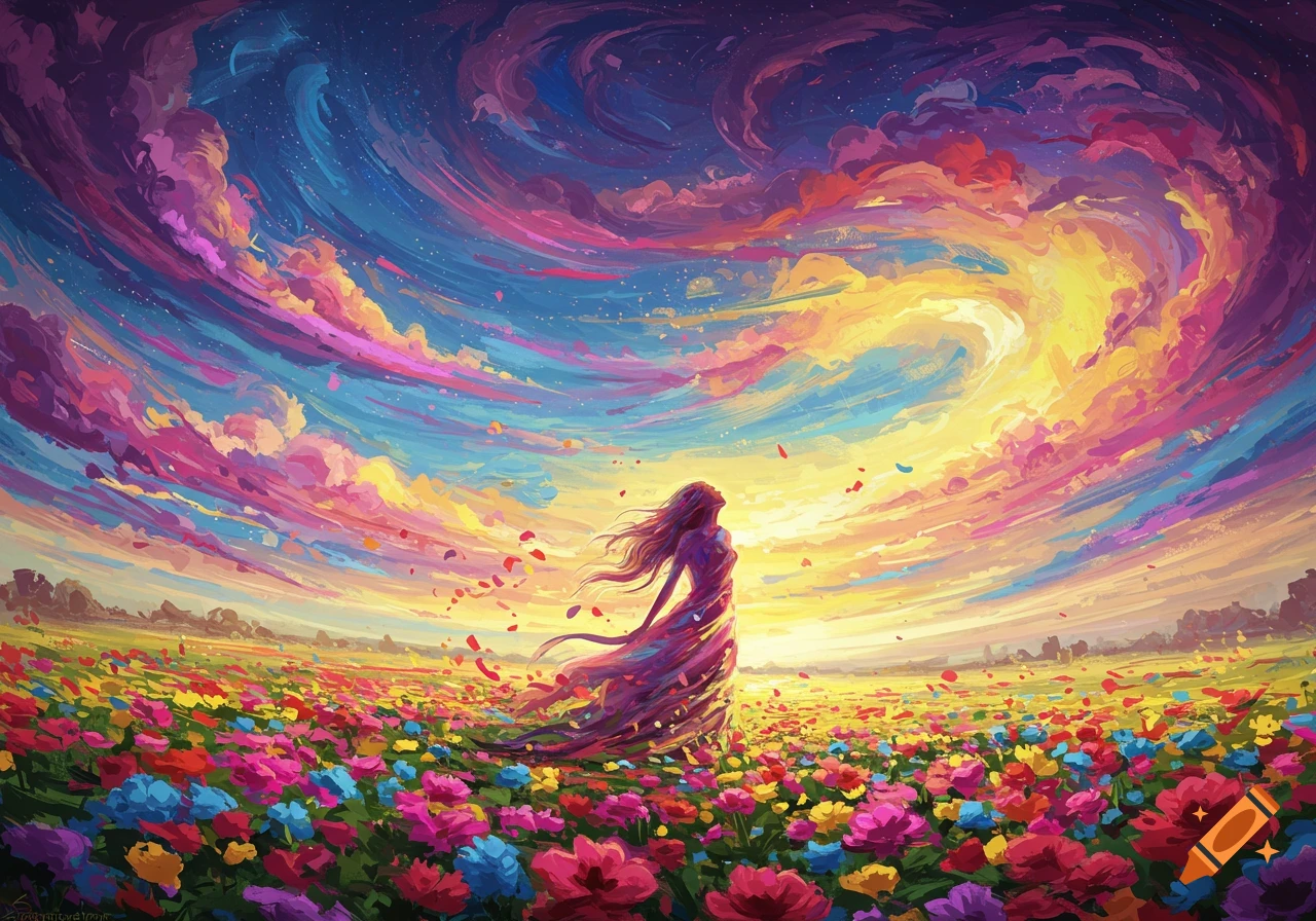 An abstract, painterly image of a woman standing in a vibrant field of colorful flowers under a swirling, multi-colored sky.
