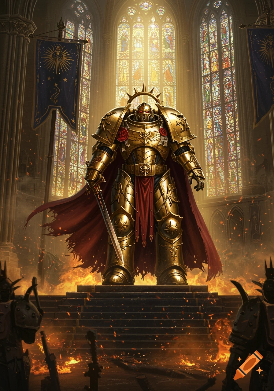 Golden armored warrior stands on a fiery platform in a grand cathedral with stained glass windows.