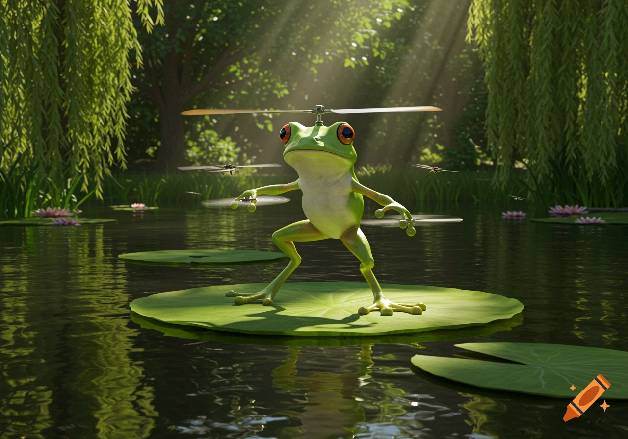 A frog with helicopter blades on its head stands on a lily pad in a sunlit pond with drone-like insects.