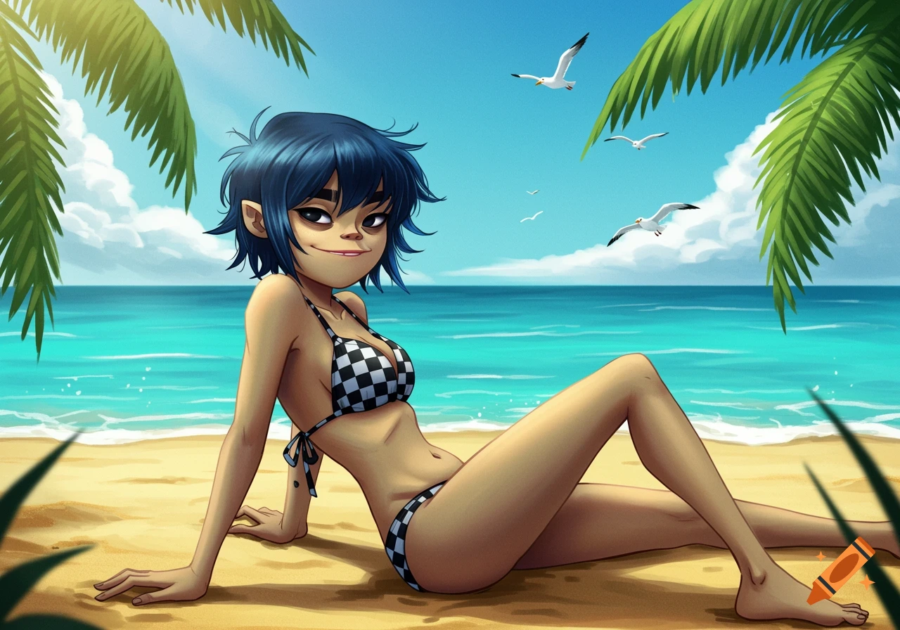 Noodle from Gorillaz, a cartoon character with blue hair, smiles while sitting on a sandy beach in a checkered bikini, with palm trees and seagulls.