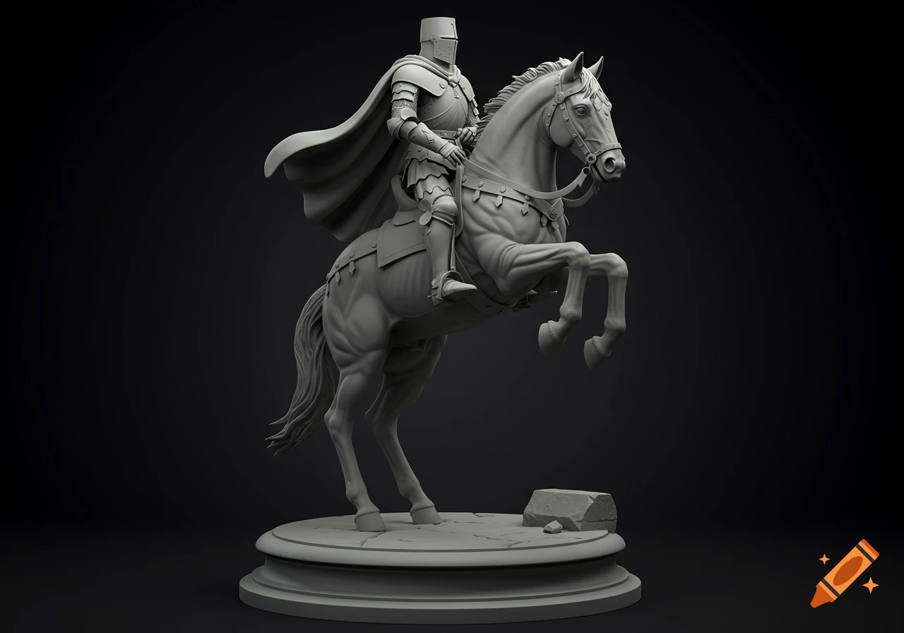 A grayscale photorealistic digital sculpture of a medieval knight on a rearing horse, standing on a round base.