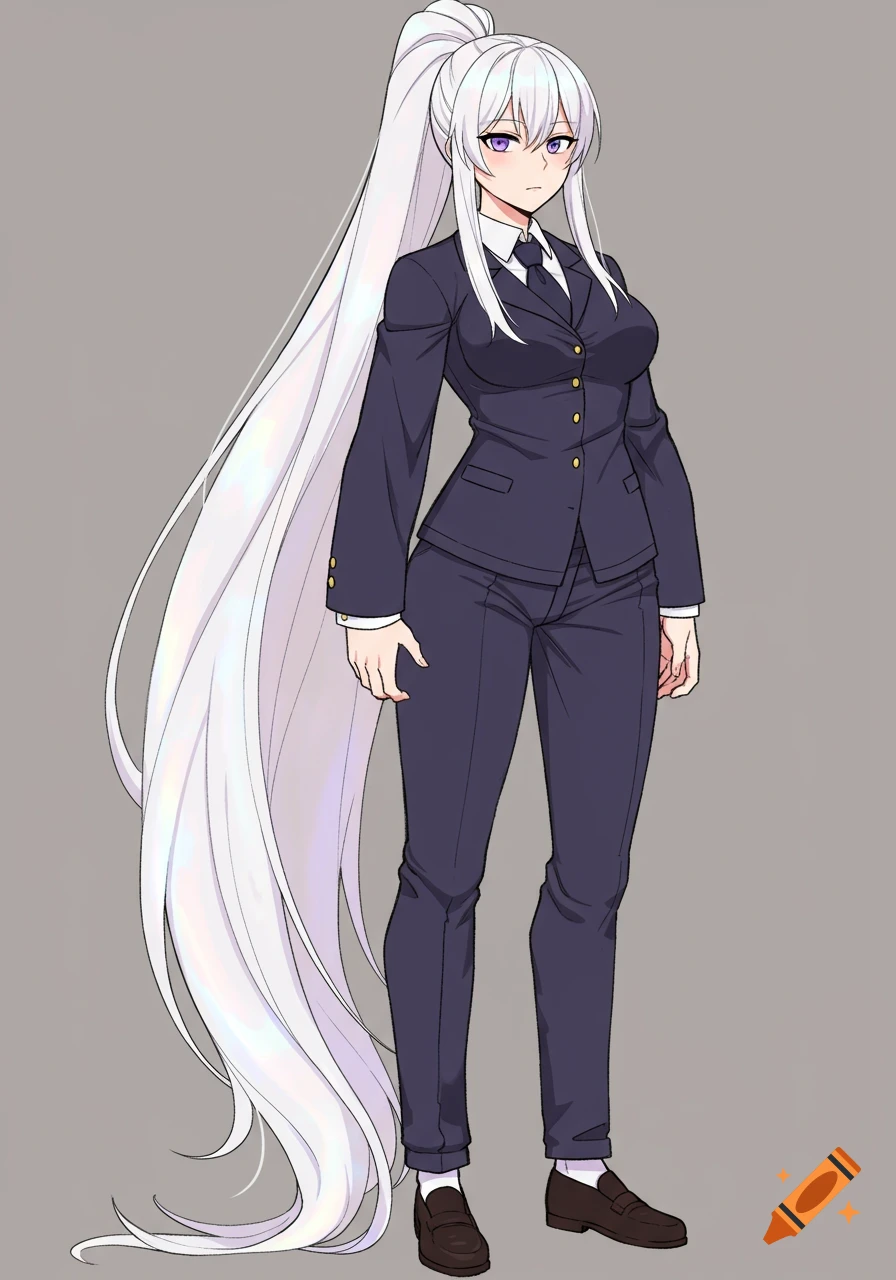 A tall anime girl with long iridescent white hair in a high ponytail and purple eyes, wearing a dark blue suit with pants and loafers in a simple anime style.