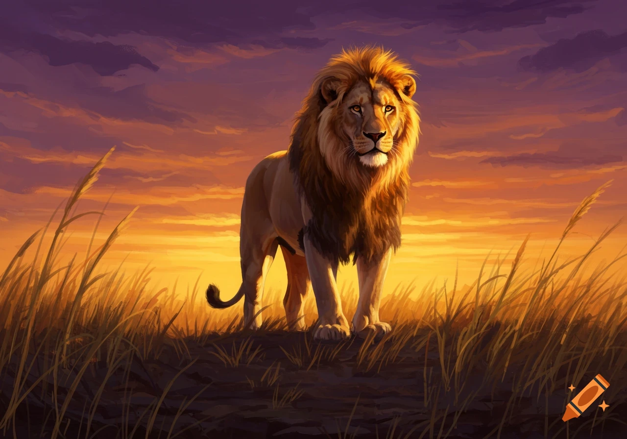 A majestic lion with a golden mane stands in tall grass against a vibrant orange and purple sunset.