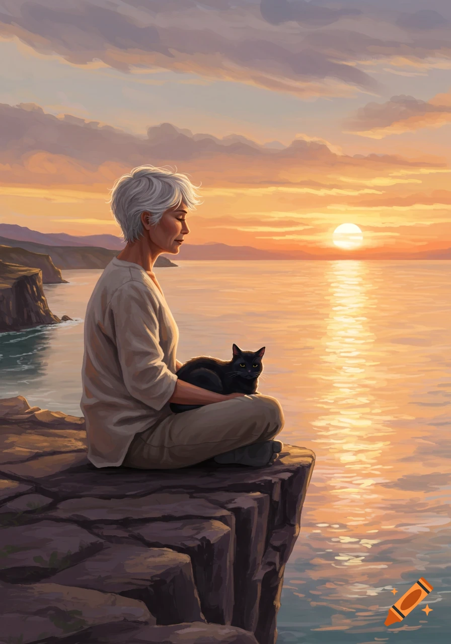 An older woman sits on a cliff holding a black cat, watching a vibrant sunset over the ocean.
