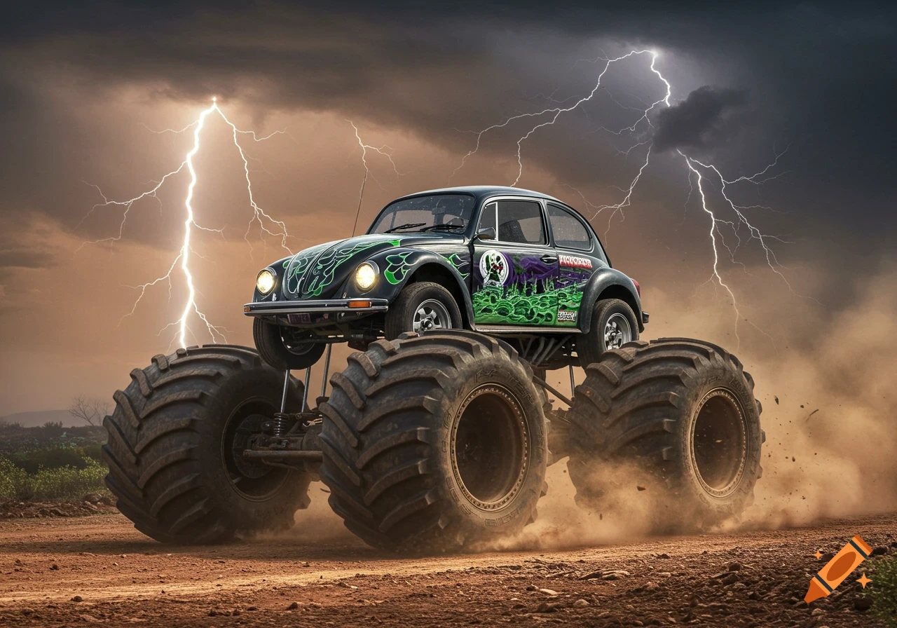 A black Volkswagen Beetle monster truck with green and purple 'Grave Digger' livery kicks up dust on a dirt road under a stormy sky with lightning.