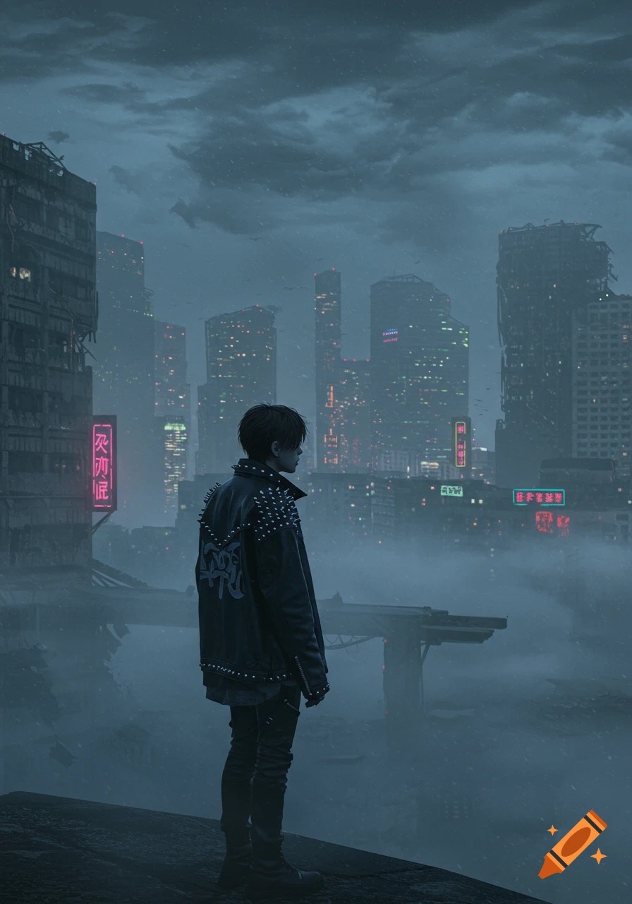 A person in a studded leather jacket stands looking out at a foggy, rainy, futuristic dystopian city with neon signs under a dark sky.