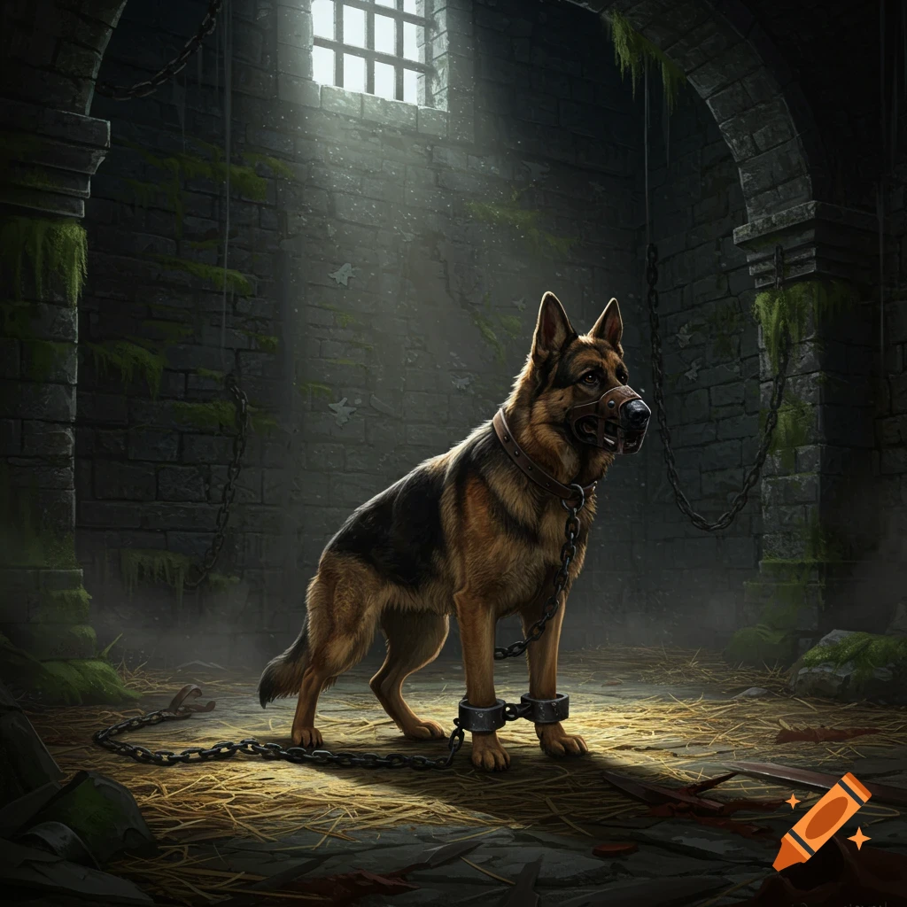 A photorealistic German Shepherd dog, shackled and muzzled, stands in a dark dungeon lit by light from a barred window.