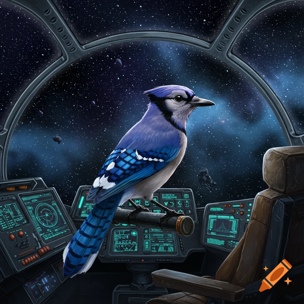 A blue jay perches on a control panel in the detailed cockpit of a spaceship, looking out at the starry expanse of space.