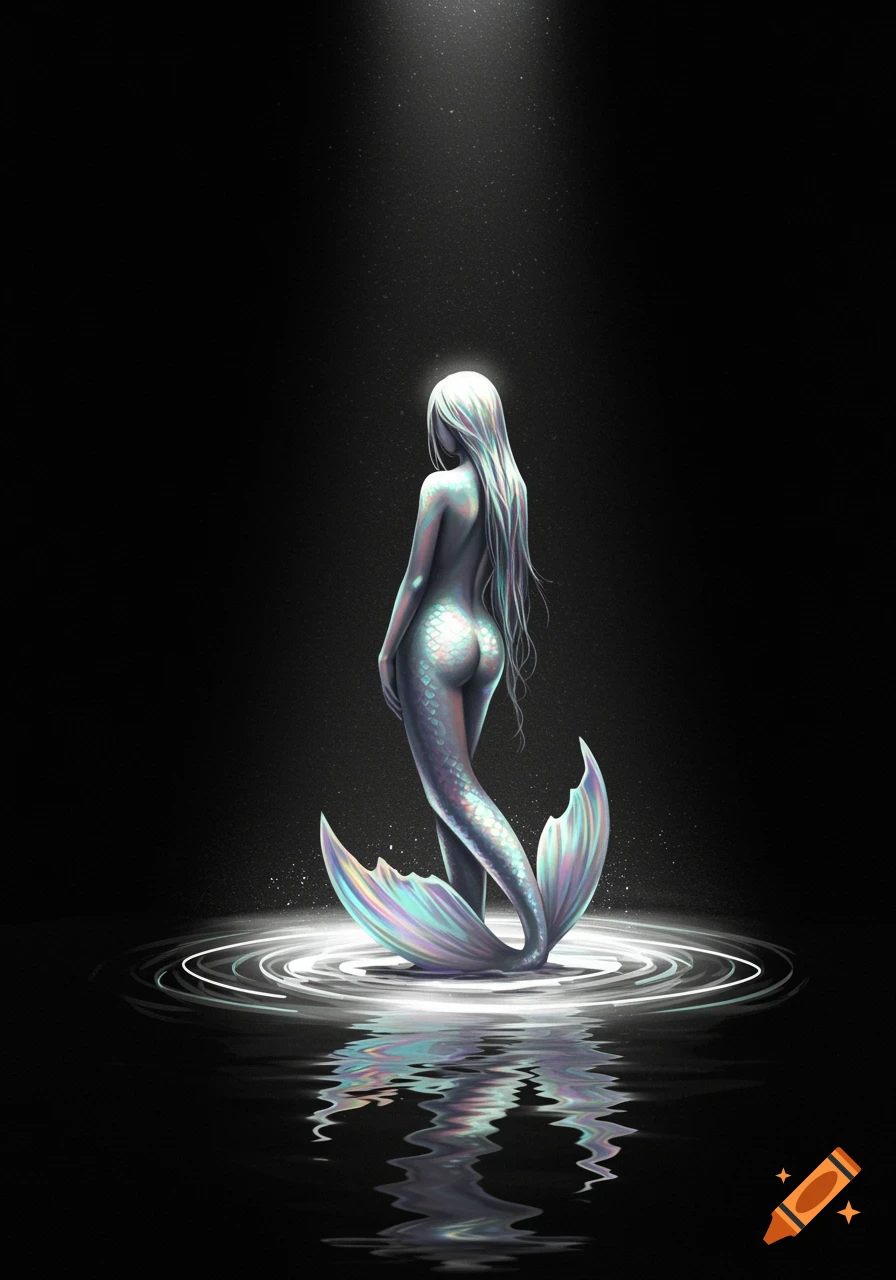 A mermaid with white hair and an iridescent tail stands in water, viewed from behind under a spotlight on a dark background.