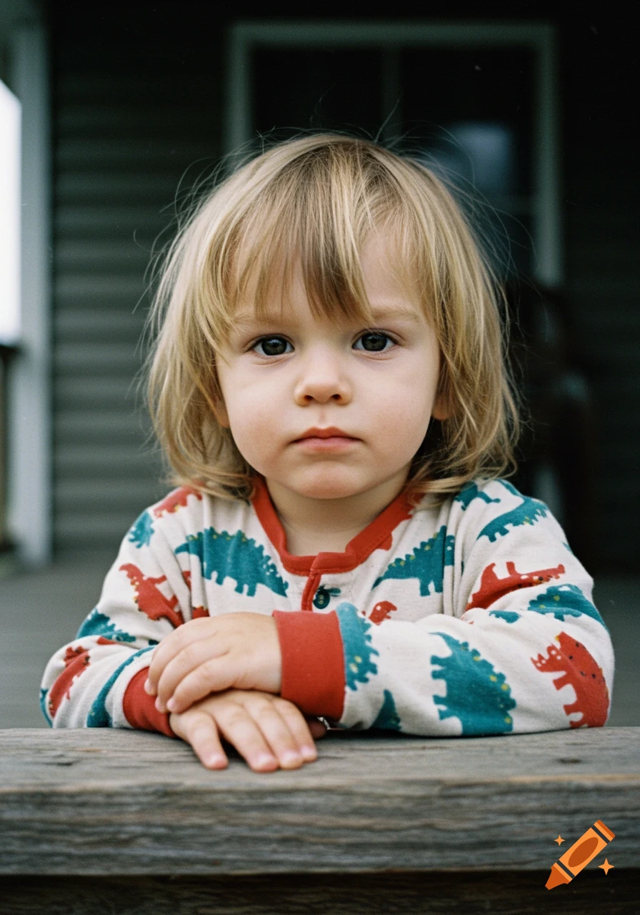 A close-up 1990s photo of a blonde 3-year-old boy in dinosaur pajamas, with arms crossed on a wooden railing, staring at the camera on a porch.