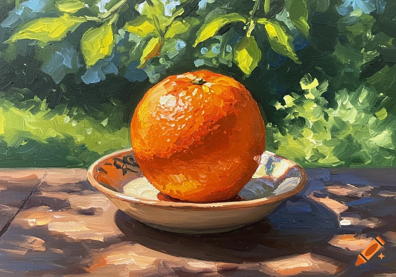Impressionist painting of a vibrant orange in a bowl on a sunlit wooden table with green foliage background.