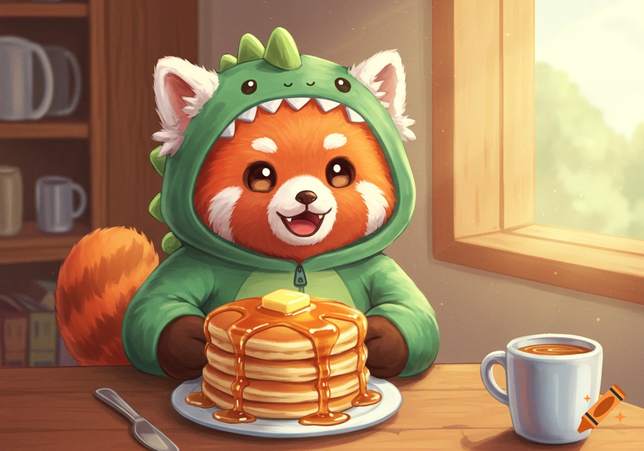 A cute cartoon red panda in a green dinosaur onesie sits at a table with a stack of pancakes and a mug, bathed in sunlight.
