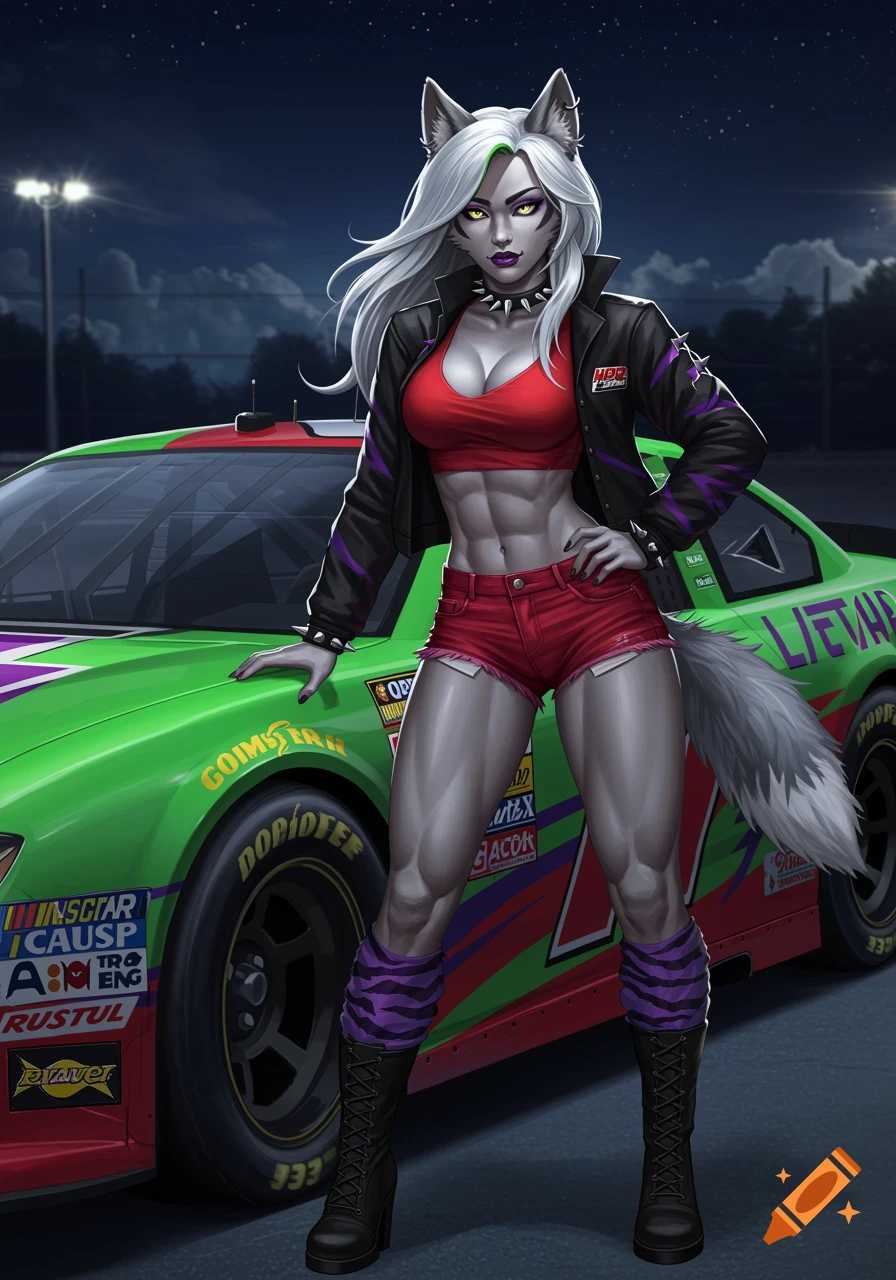 An anthropomorphic wolf-woman with white hair, yellow eyes, and a gray fur-like skin tone, wearing a red crop top, black jacket, and red shorts, stands next to a green, red, and purple race car at night.