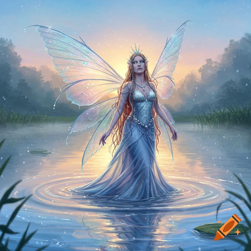A beautiful water fairy with shimmering wings and a blue gown stands in a serene lake at sunset, creating ripples.