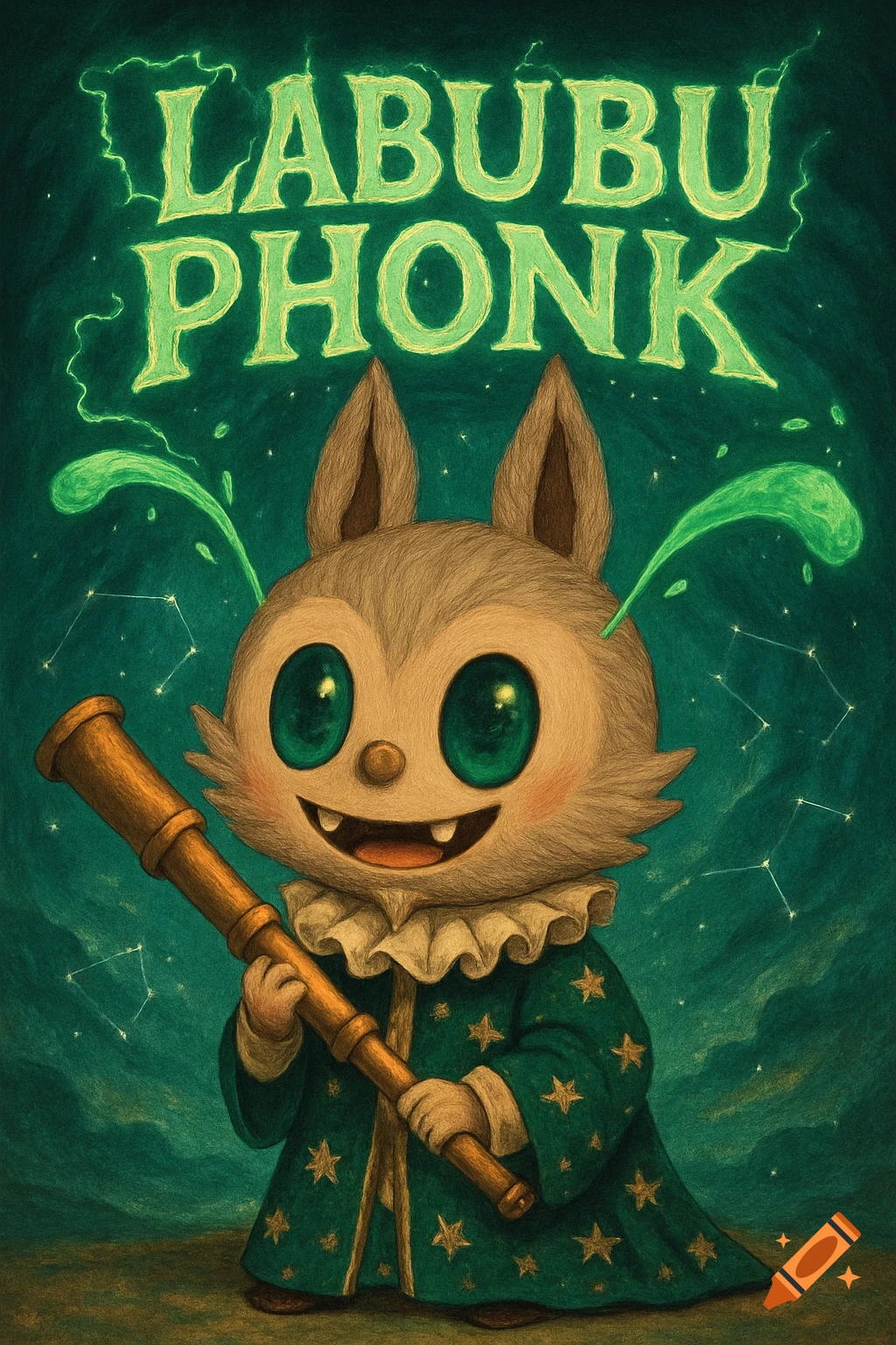 Stylized labubu character in a green starry robe holding a telescope, with glowing green liquid coming from its ears, and "LABUBU PHONK" text above.