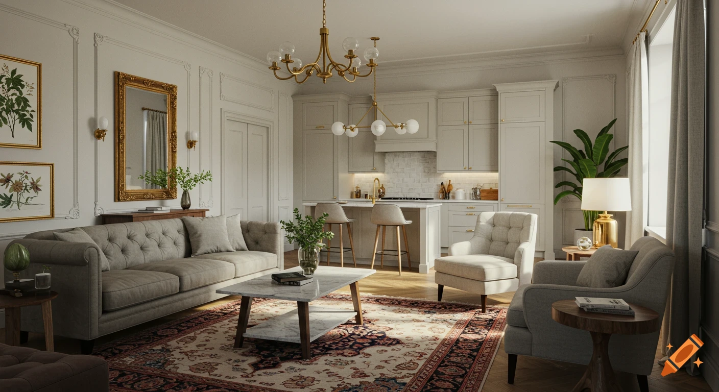 A bright, modern Victorian living room connected to a kitchen, featuring light grey furniture, a Persian rug, and gold accents.