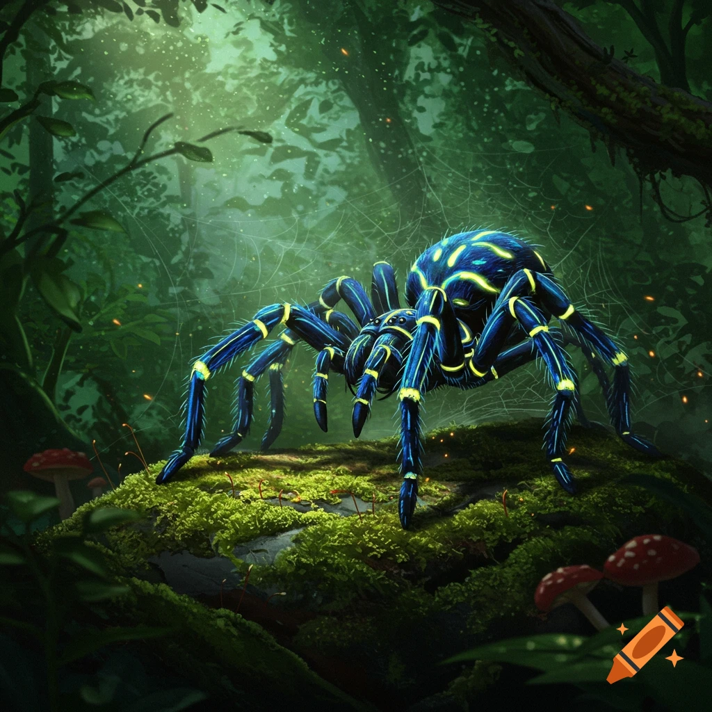 A glowing blue and yellow spider, resembling a Galvantula, on a mossy log in a lush, dark forest with red mushrooms.