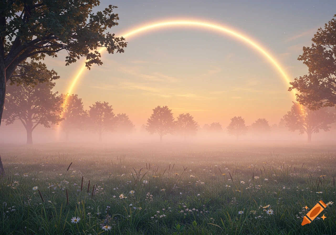 Misty field with trees under a glowing golden arc in the sky at sunrise.