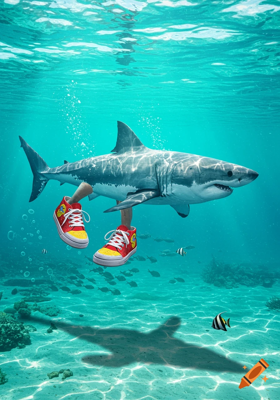 A great white shark with human legs wearing red and yellow sneakers swims underwater, casting a shadow on the sandy seabed.
