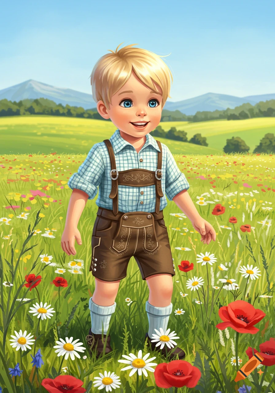 A smiling blonde boy in traditional German lederhosen and a blue plaid shirt stands in a sunny meadow filled with red poppies and white daisies.