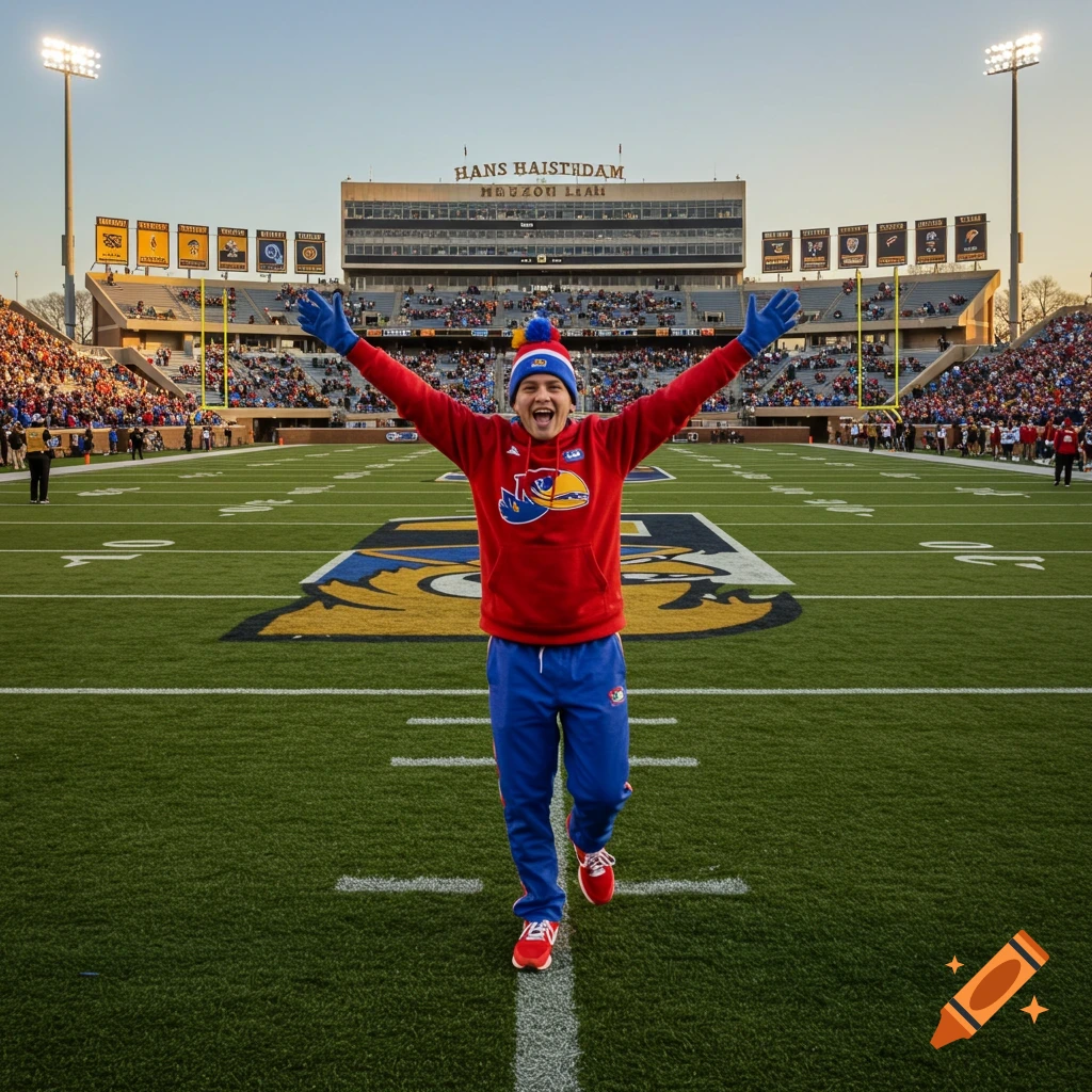 A male fan in a red and blue outfit with his arms raised, smiling on a football field in a stadium filled with spectators.
