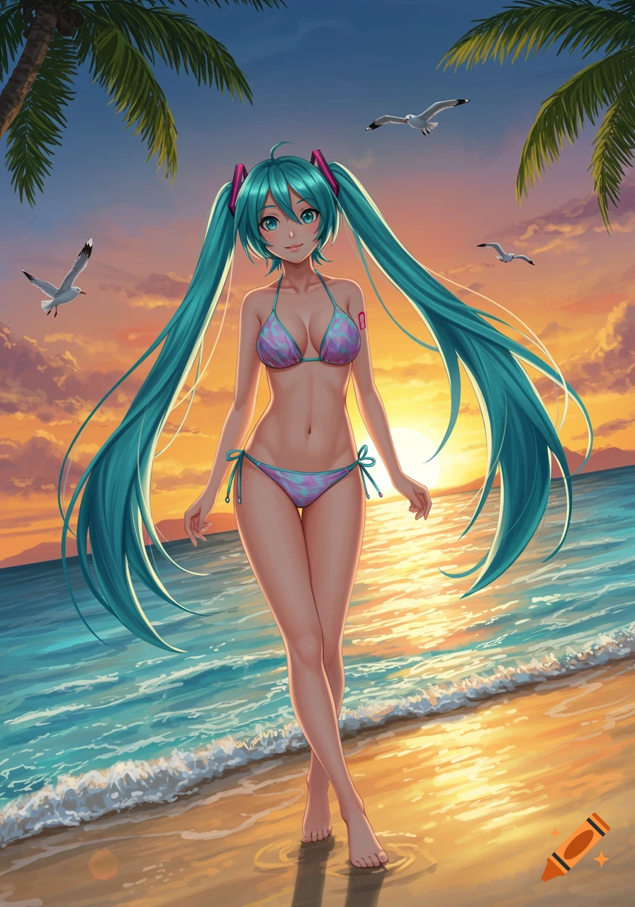 An anime girl with long turquoise pigtails in a bikini stands on a sandy beach at sunset, with palm trees and seagulls.