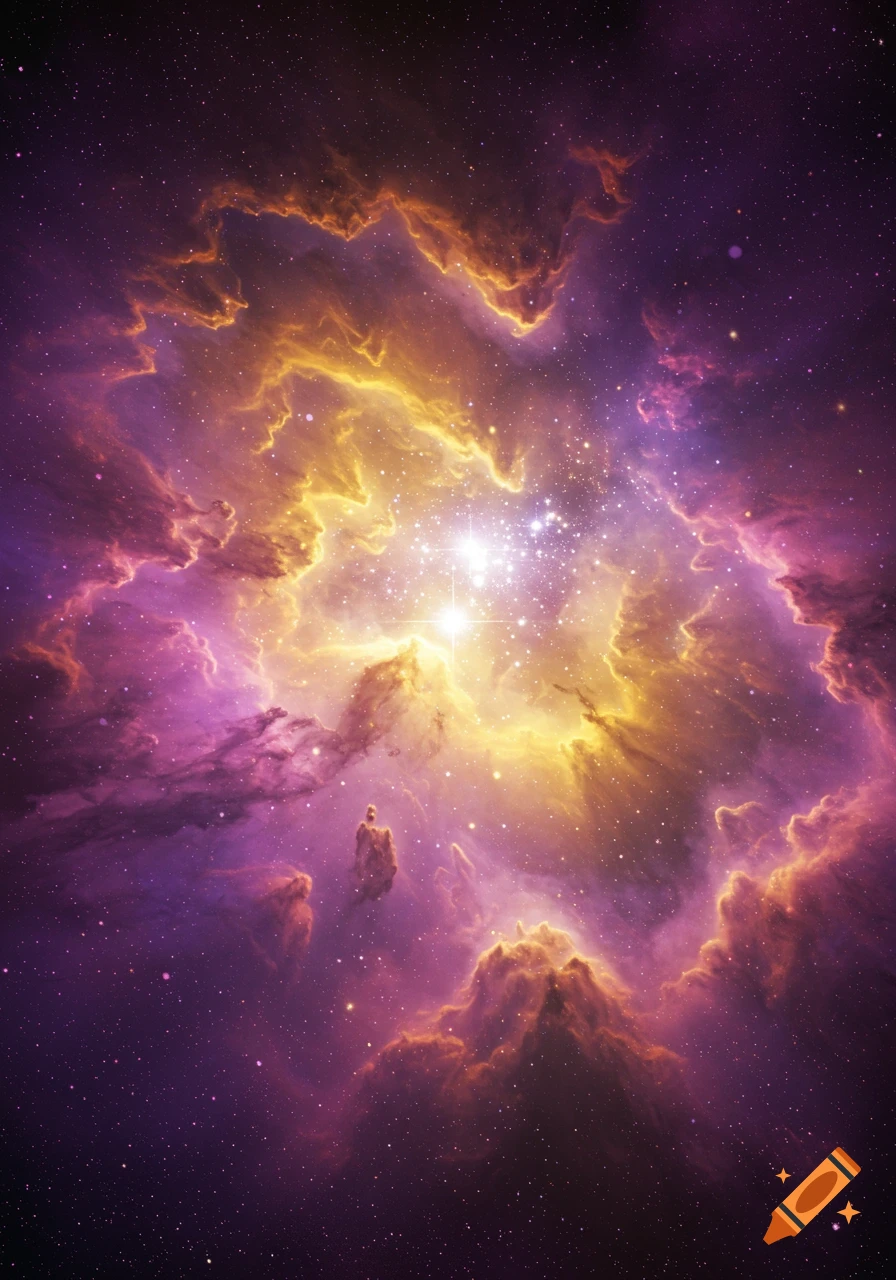A vibrant nebula with glowing yellow, orange, and purple clouds amidst a field of stars.