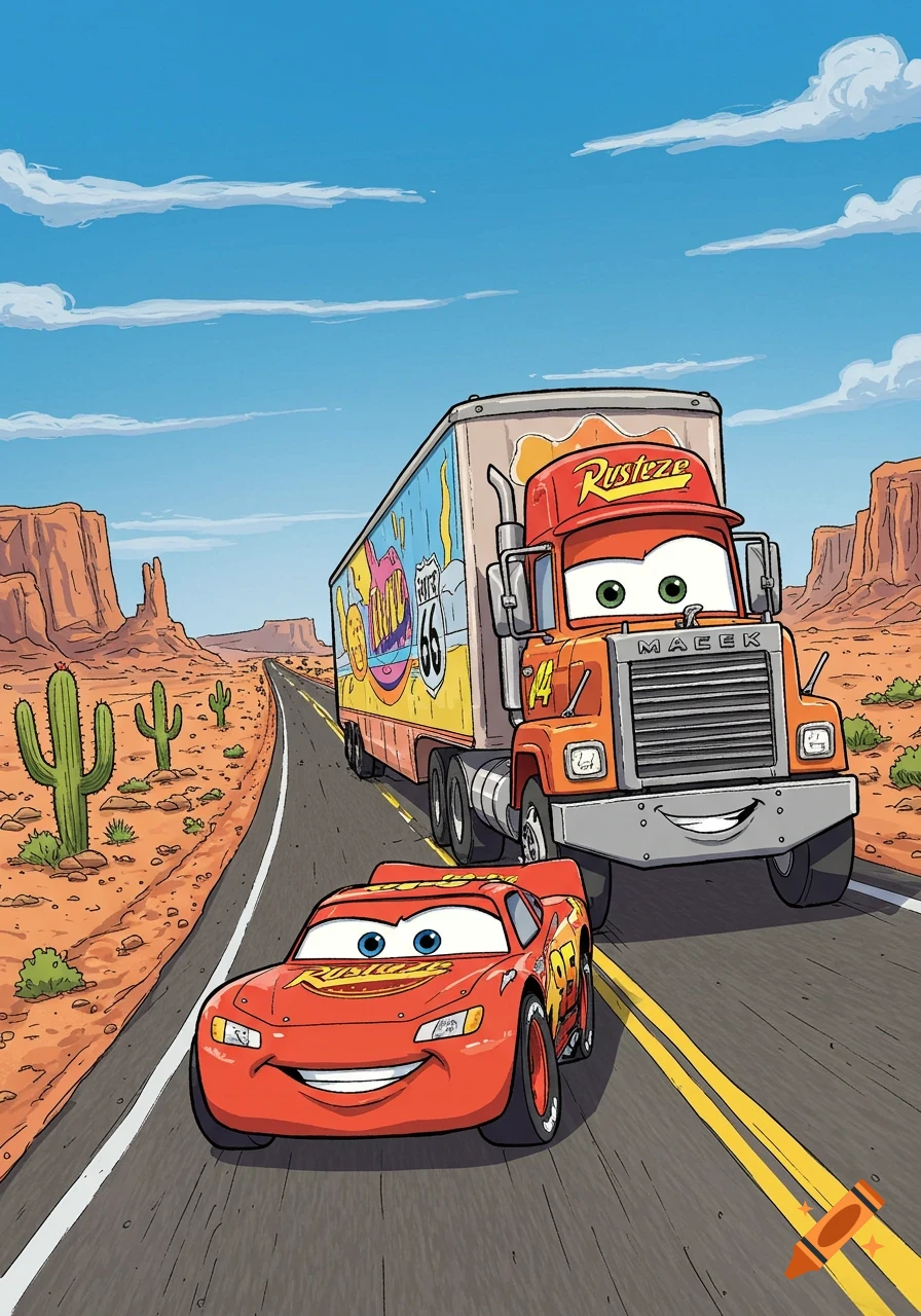 Lightning McQueen and Mack the truck drive down a desert highway past saguaro cacti under a blue sky, in a drawing book style.