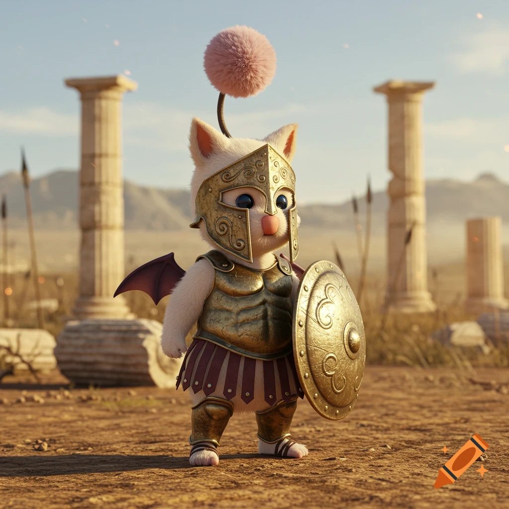 A cute, white Moogle in golden Spartan armor and shield stands among ancient ruins in an arid landscape.