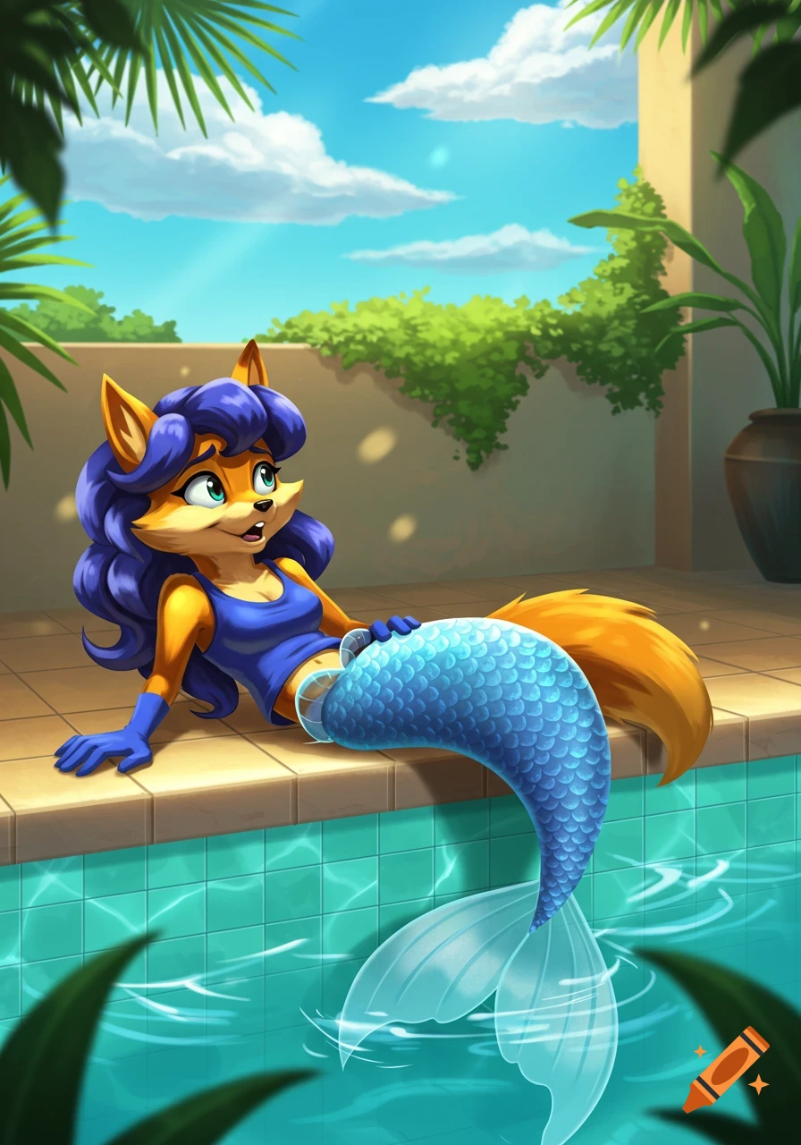 Cartoon Carmelita Fox as a mermaid lies surprised by a swimming pool, admiring her blue tail.