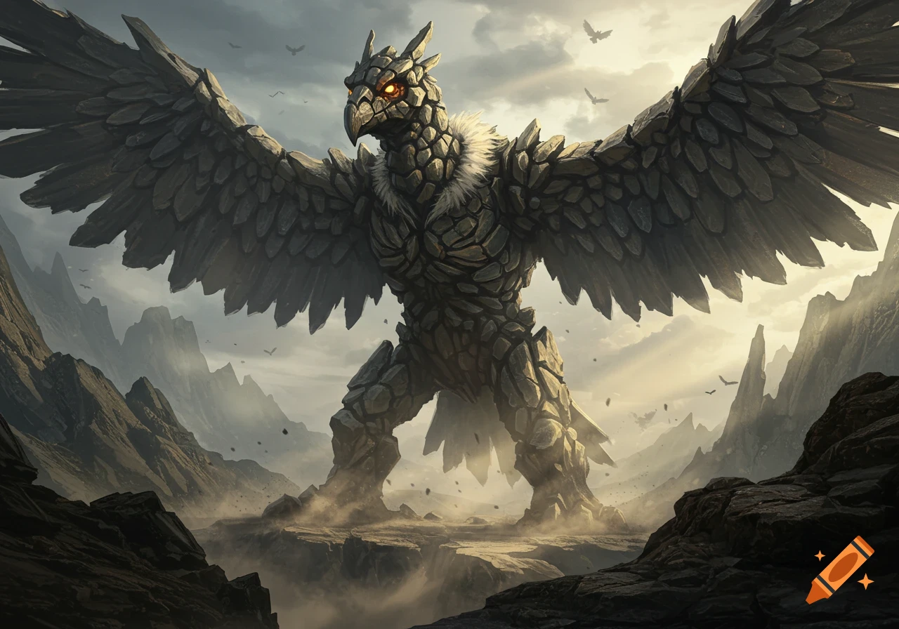 A massive rock monster resembling a vulture stands with spread wings in a desolate mountainous landscape under a cloudy sky.