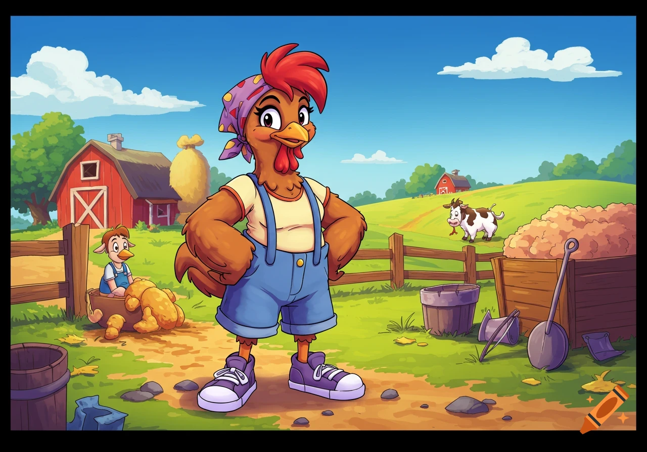 A cartoon chicken in overalls and a bandana stands on a farm with a barn, a duck, and a cow under a blue sky.
