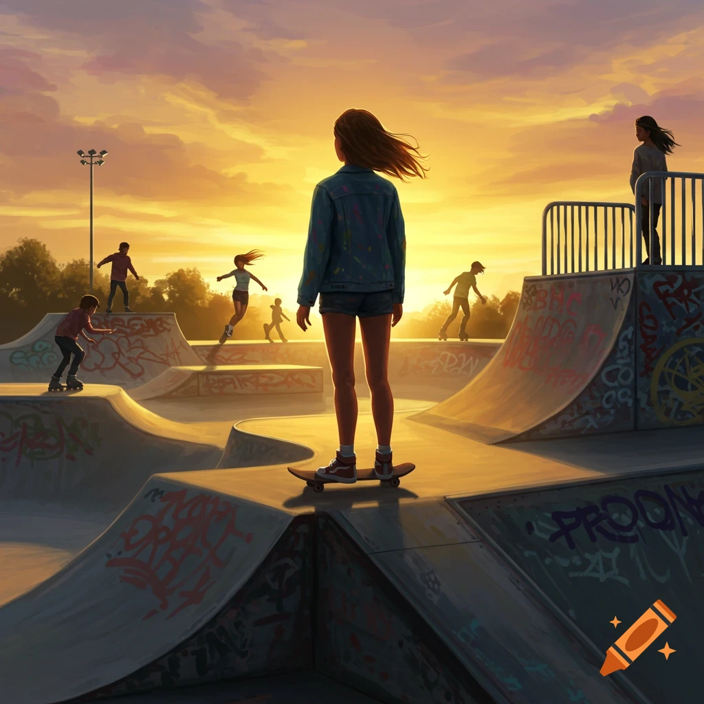 An illustration of teenagers and young adults skateboarding and rollerblading in a sunlit skatepark at sunset.