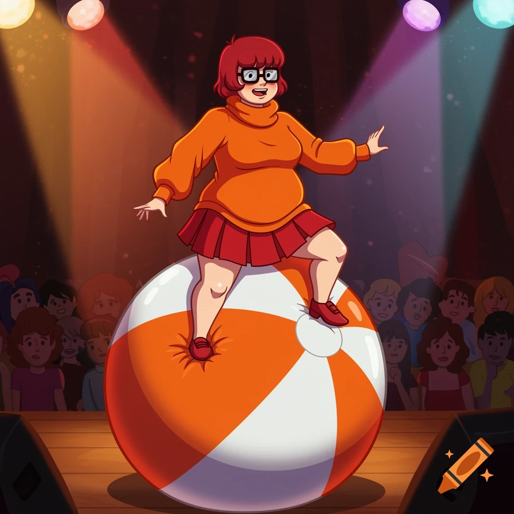 Voluptuous Velma Dinkley cartoon balancing on a squishy orange and white beach ball on a stage with spotlights and an audience.