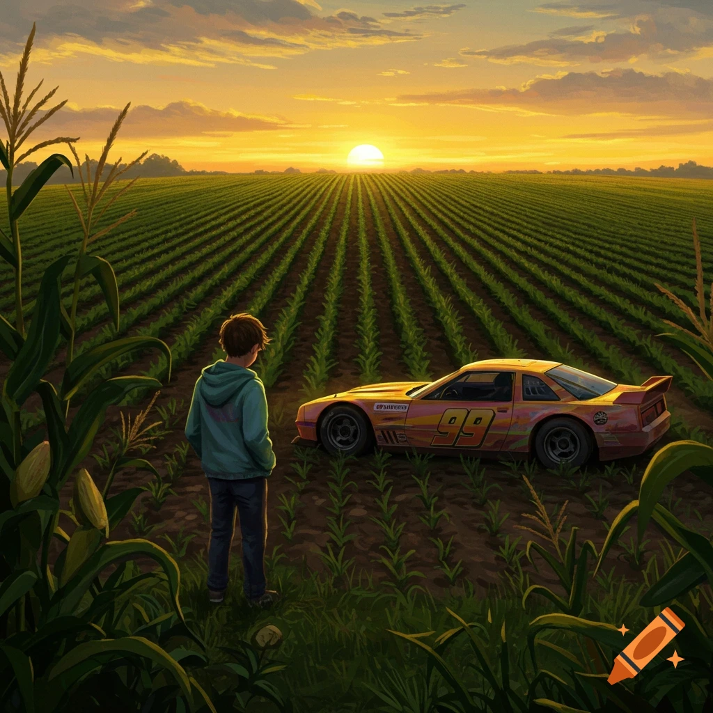 Digital art of a boy standing in a cornfield, looking at a racecar during sunset.