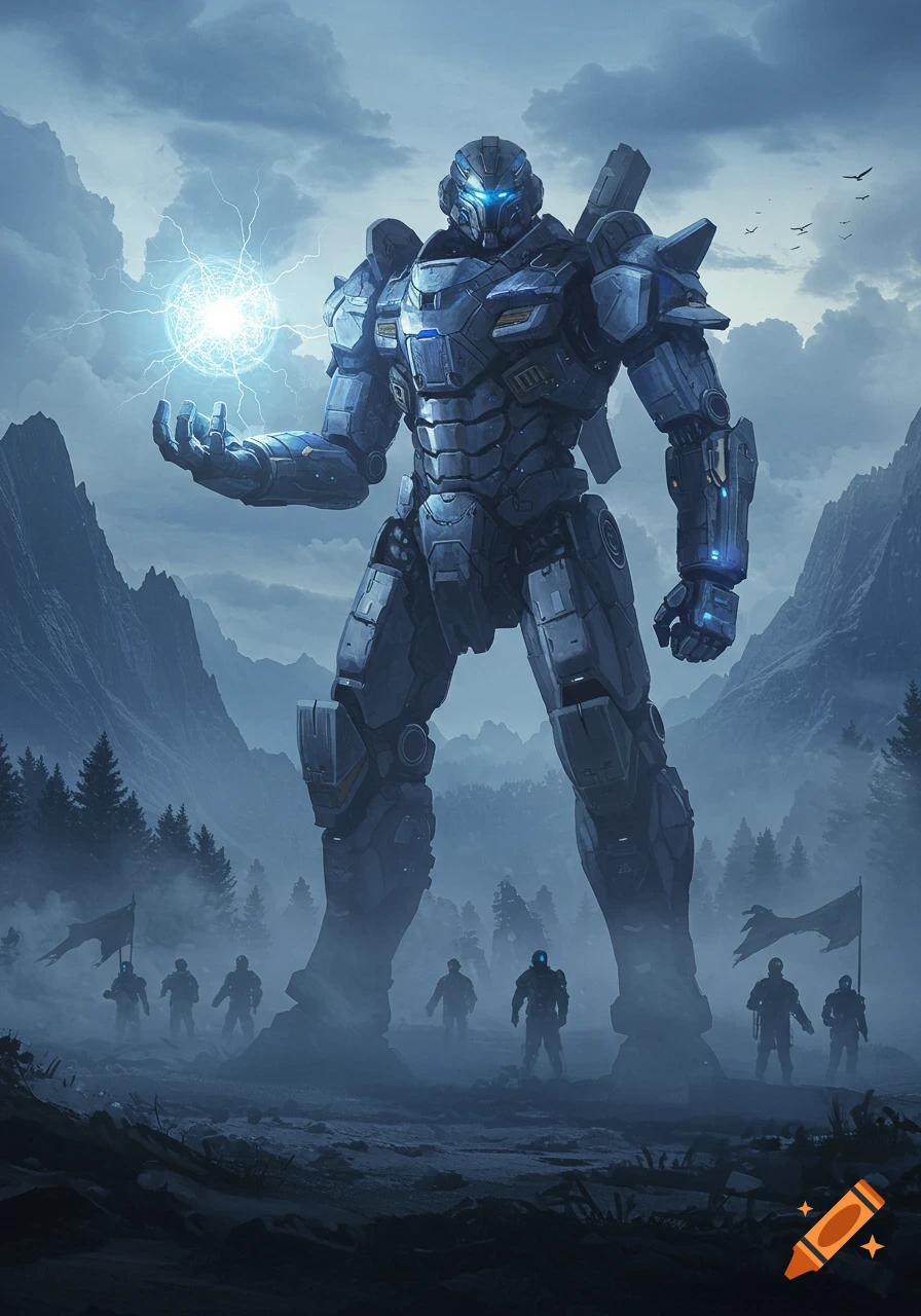 A towering blue-grey mech robot holds a glowing energy orb, with soldiers in a misty mountain forest.
