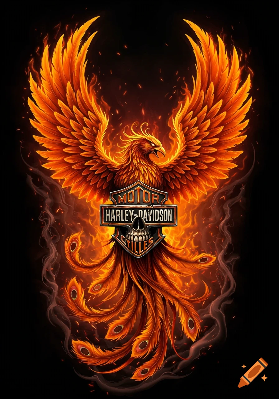 A vibrant illustration of a fiery phoenix with wings spread, centered behind a Harley-Davidson skull logo.