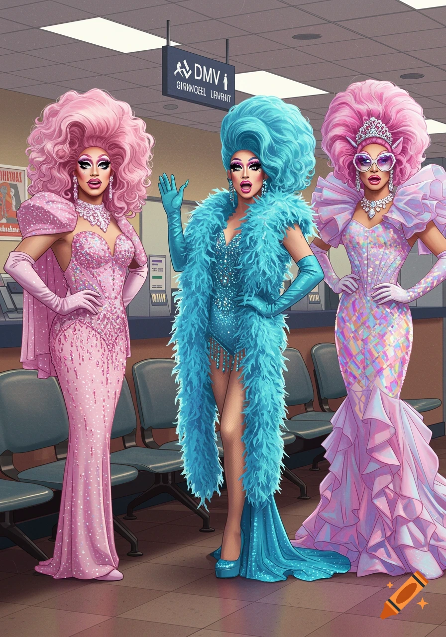 Three drag queens in elaborate, sparkling gowns and large wigs posing in what appears to be a DMV waiting area in a cartoon style.