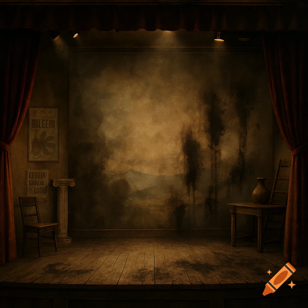 A moody, dark image of an old, damaged community theater stage with red curtains, a rustic wooden floor, and a smoky, discolored backdrop.