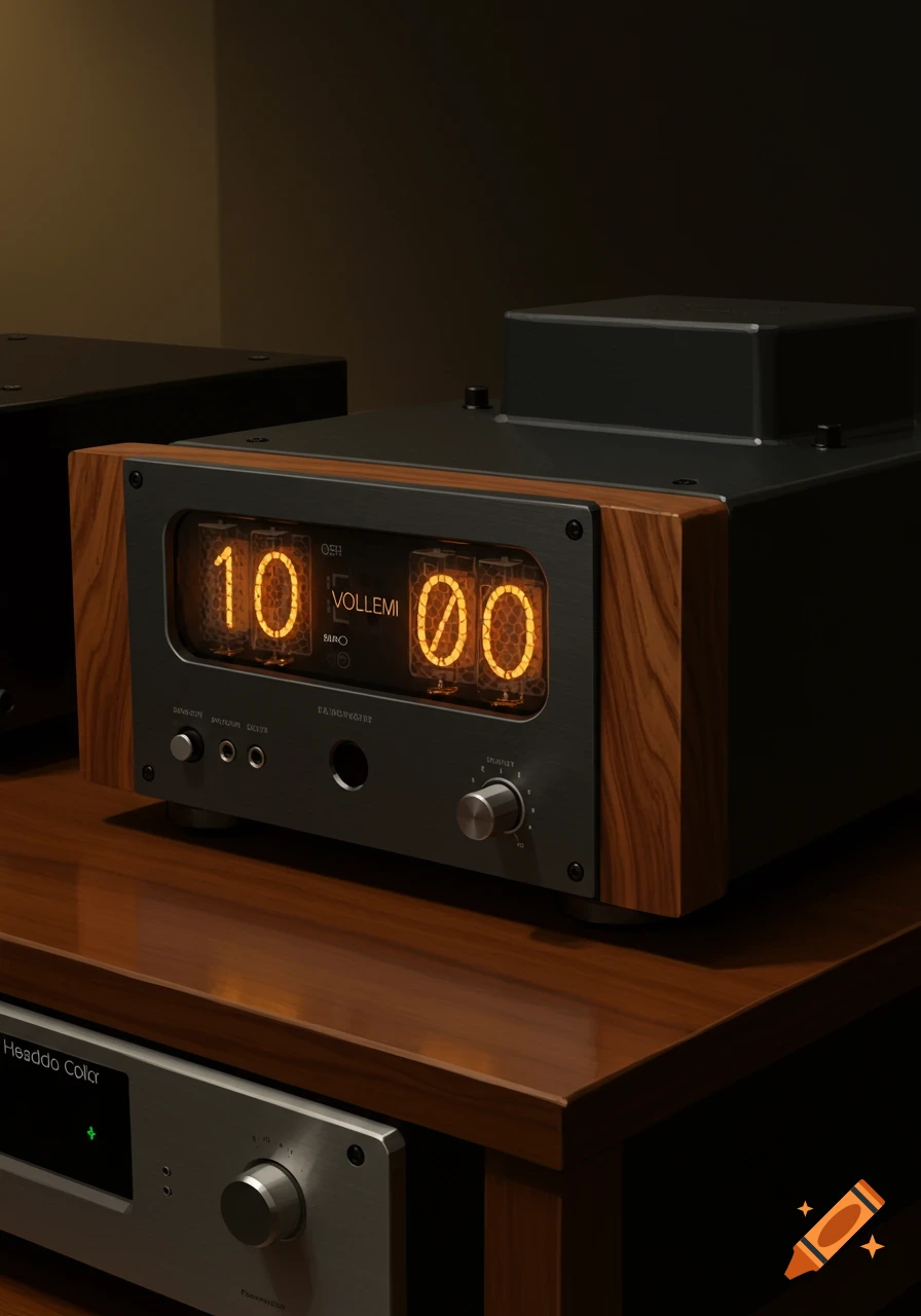 A detailed shot of a vintage-style headphone amplifier with glowing orange nixie tubes displaying '10' and '00', and wooden side panels, sitting on a wooden shelf.