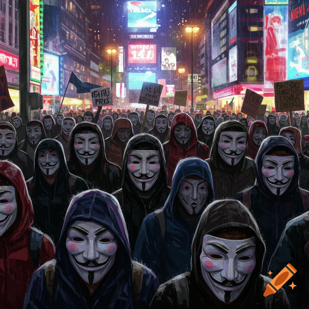 A large crowd of people wearing Guy Fawkes masks march through a rainy city street at night, illuminated by bright neon signs.