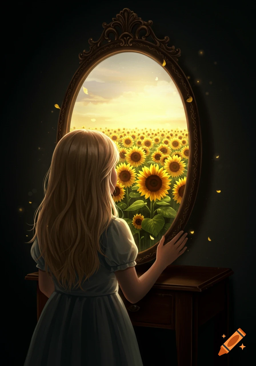 A light-haired girl, seen from behind, gazes into an ornate mirror that reflects a vibrant field of sunflowers under a bright sky, contrasting with the dark room around her.