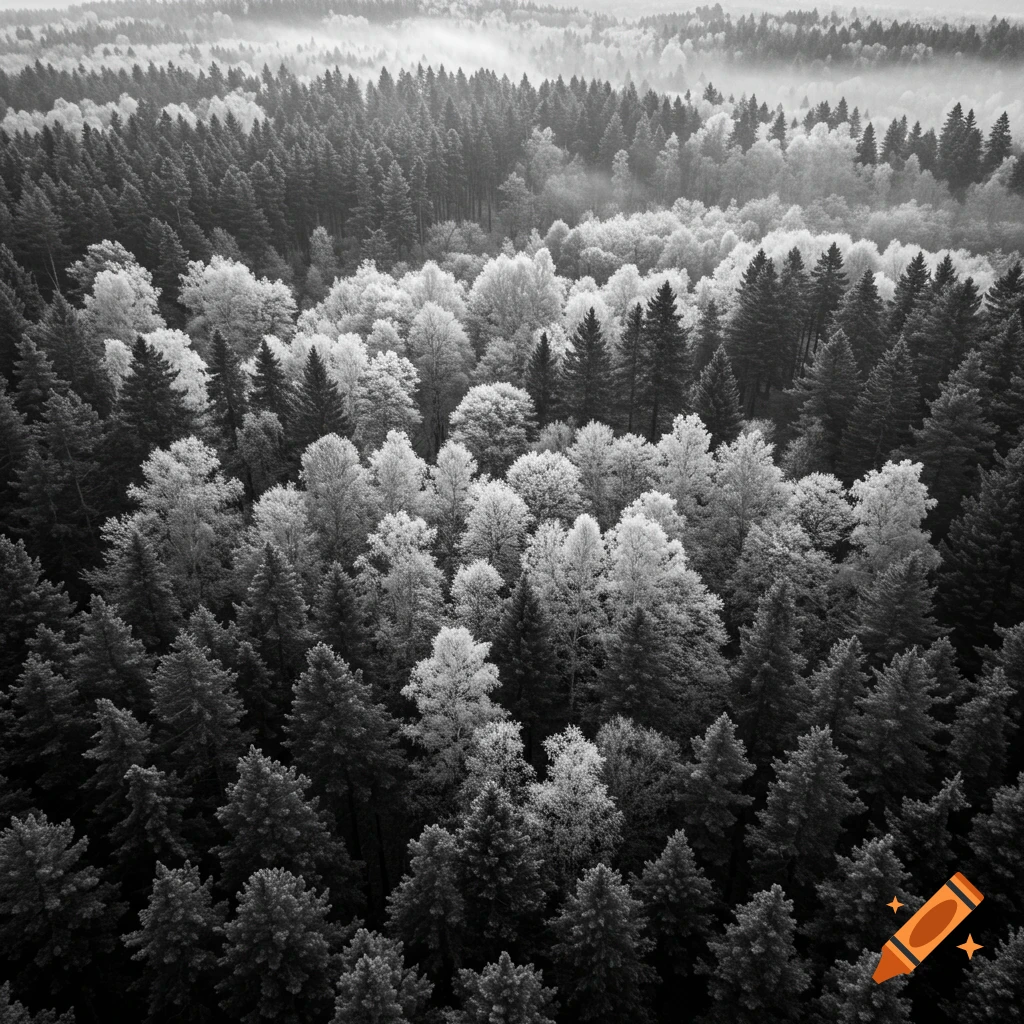 Aerial black and white view of a dense forest with dark pine trees and lighter deciduous trees, mist in the distance.