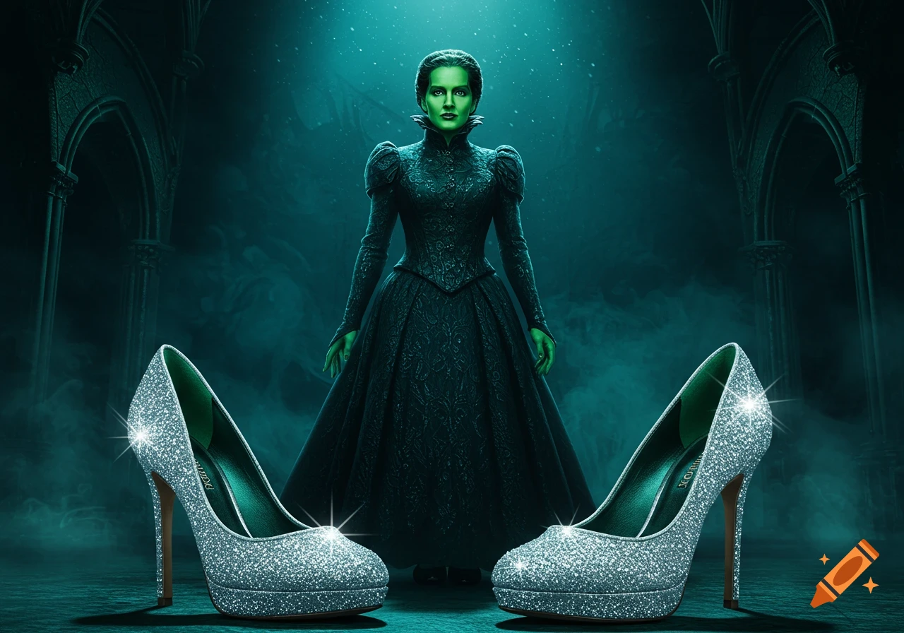A green-skinned woman in a dark, ornate gown stands in a gothic setting, framed by two large, sparkling silver high heels.