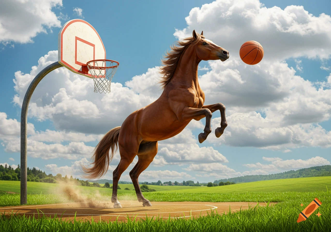 A photorealistic brown horse rears up on a basketball court, preparing to dunk a basketball into a hoop in a field under a cloudy sky.