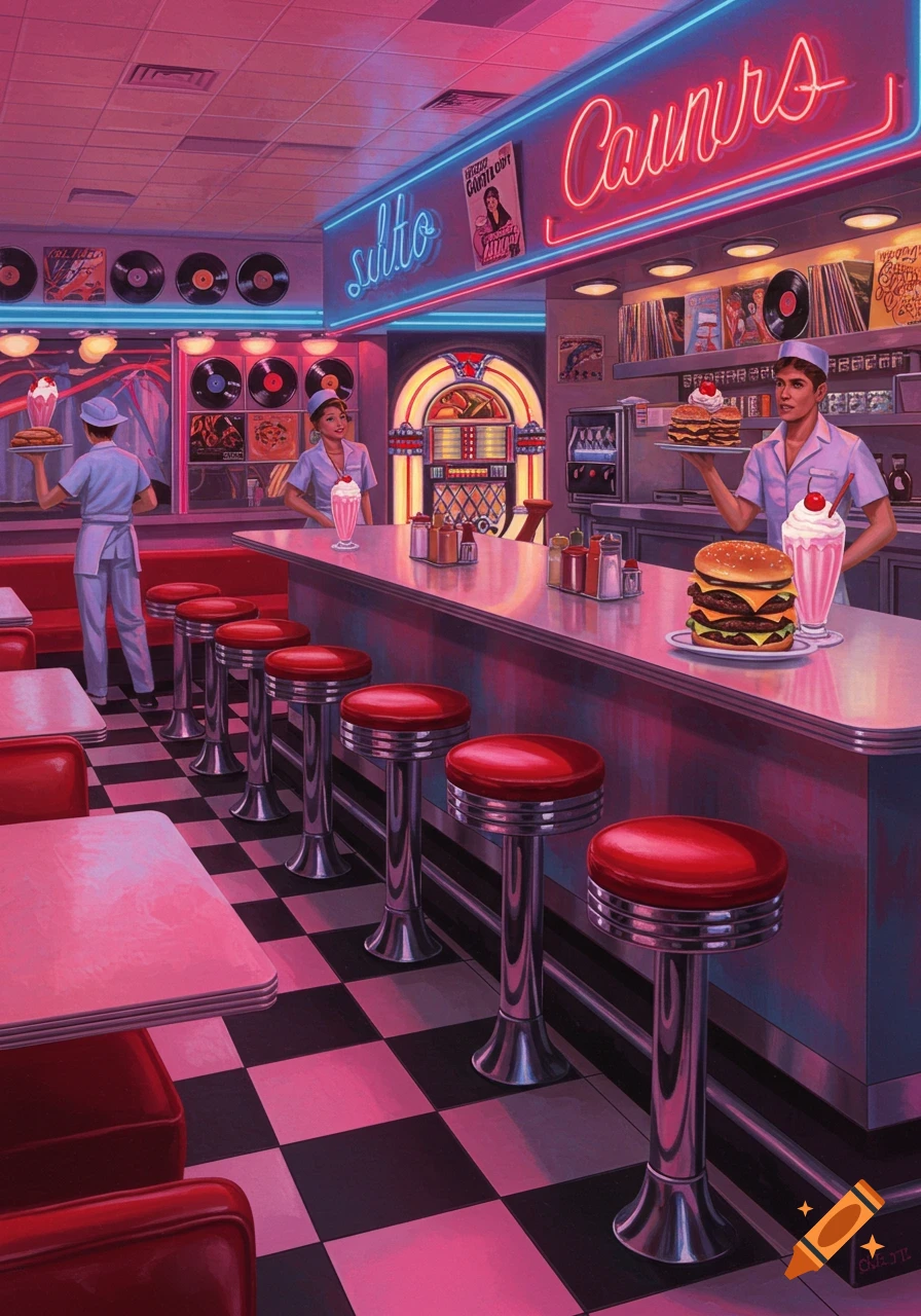 A vibrant retro diner bathed in pink and blue neon light, featuring patrons, counter seating, tables, a jukebox, and vinyl records.