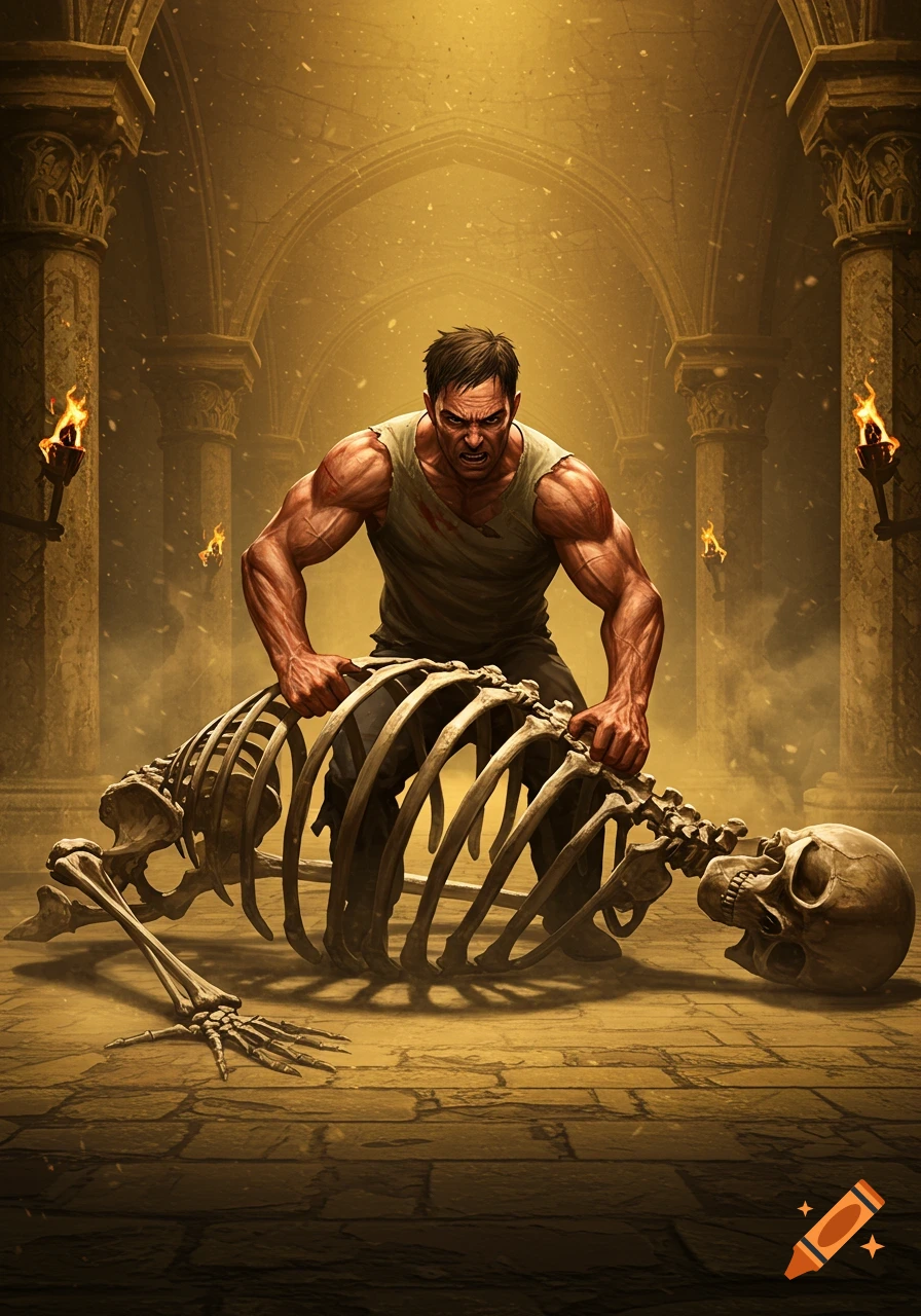 Muscular man intensely grabs a skeleton by the ribcage in a torch-lit gothic dungeon, painterly style.
