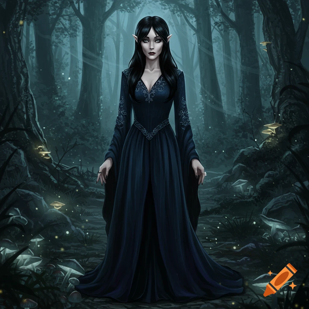 A dark-haired elf in a long blue gown stands in a mystical, misty forest with glowing mushrooms, digital art.