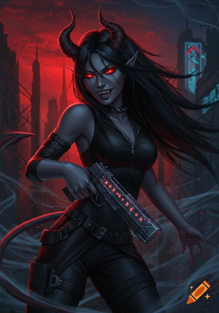A dark fantasy art of a demon girl with black hair, red glowing eyes, horns, and fangs, holding a gun with glowing runes, against a red-lit city background.